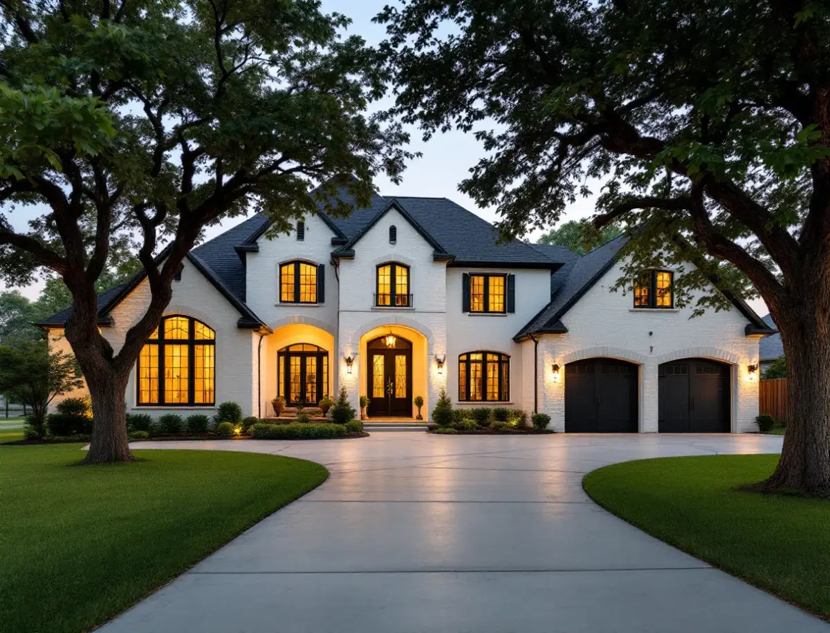 Two-story brick and stone home on a tree-lined suburban street near a golf course fairway