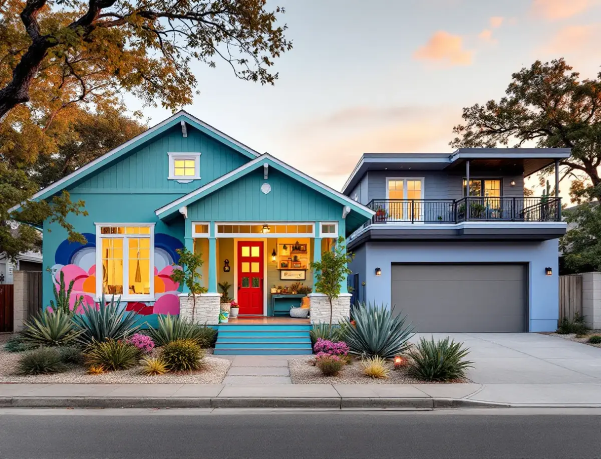 Colorful 1930s bungalow with a xeriscaped yard next to a boxy modern rebuild on a narrow South Austin street