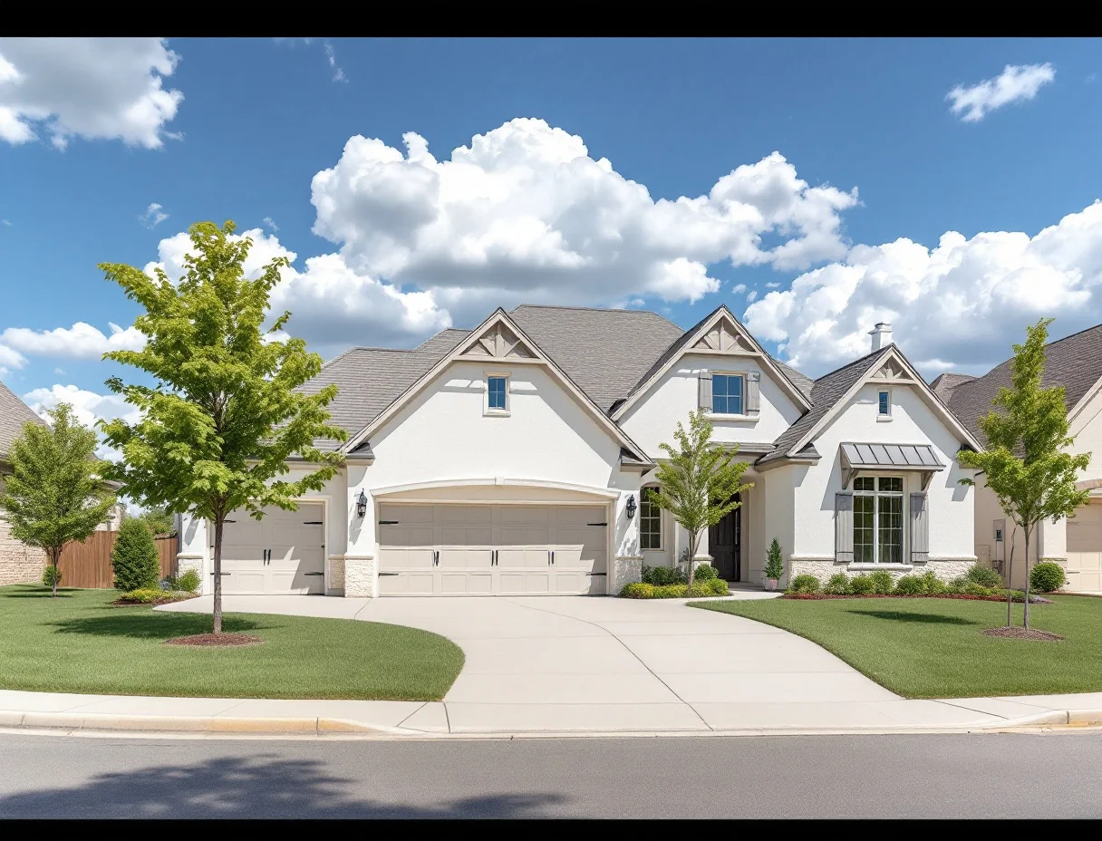 New craftsman-style home with a deep front porch on a tree-lined street in a master-planned community