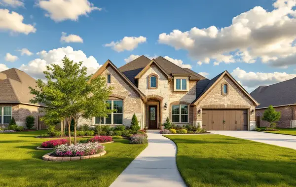 New homes and cottages close together on modest lots along FM 150, young trees and open Hill Country horizon beyond