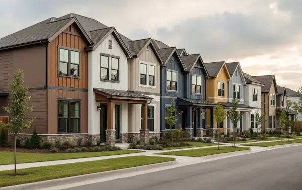 Compact new single- and two-story homes close together on a prairie-edge street with young trees