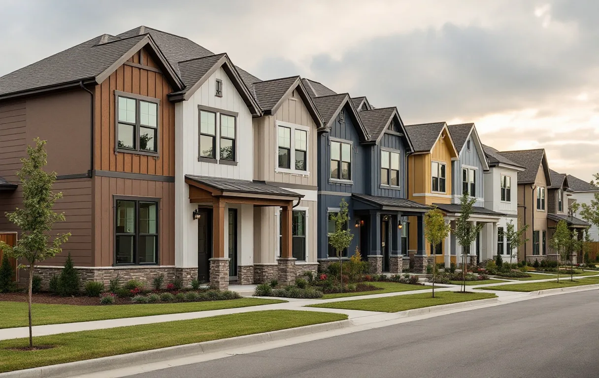 Compact new single- and two-story homes close together on a prairie-edge street with young trees