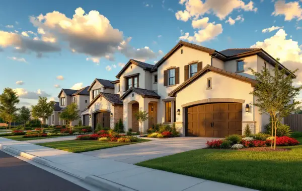 Rows of new single-family homes close together on modest lots with young trees and fresh sidewalks