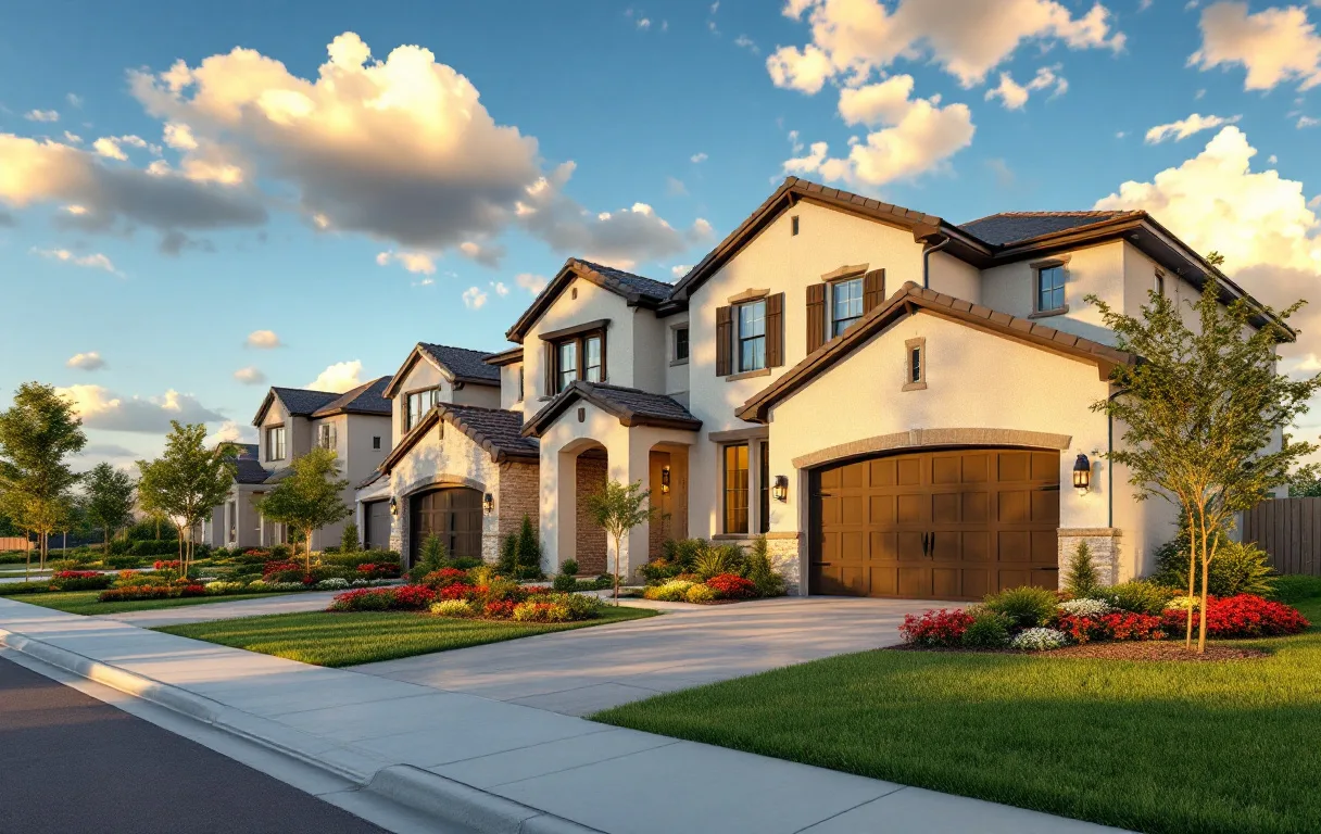 Rows of new single-family homes close together on modest lots with young trees and fresh sidewalks