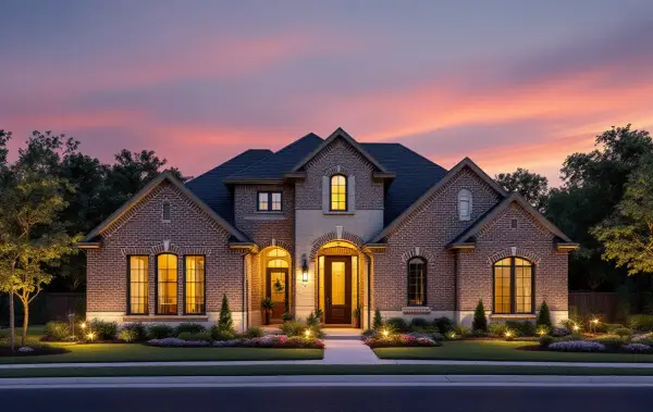 Street of new production homes with front porches on modest lots, young trees along the sidewalk