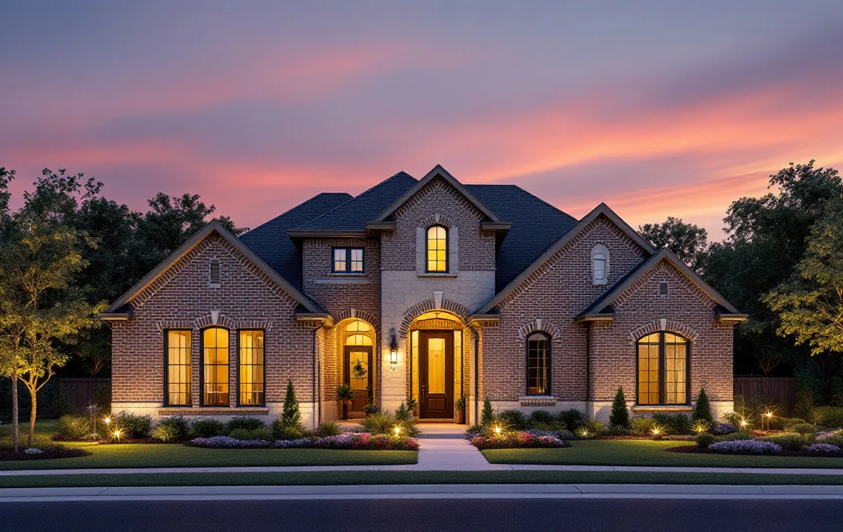 Street of new production homes with front porches on modest lots, young trees along the sidewalk