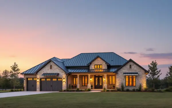 Custom hill country home behind a gated entry with oak meadows and generous spacing between homes