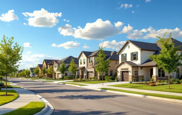 New entry-level homes on small lots along a fresh sidewalk street with young trees and open sky