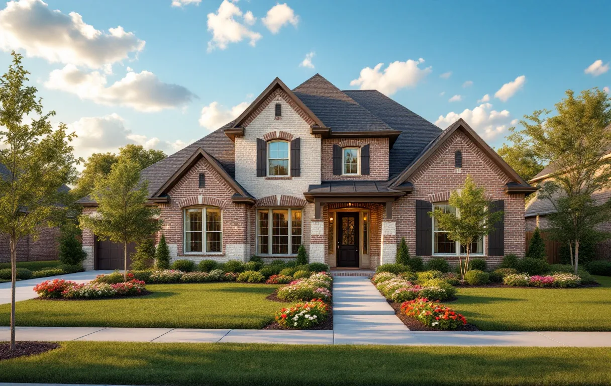New Hill Country homes on wide lots along a creekside street with young trees and split-rail fencing