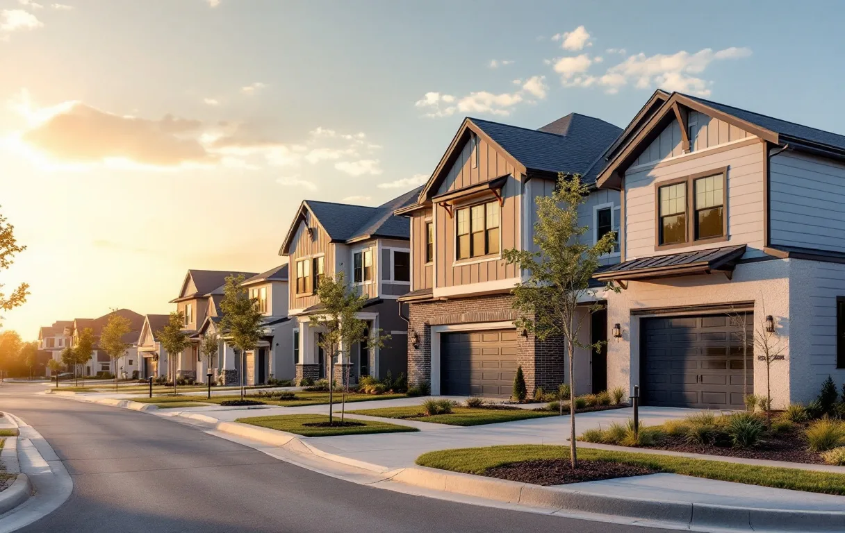 Rows of new two-story production homes on modest lots with young trees and sidewalks