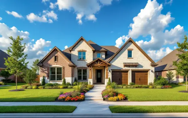 Compact new homes with front porches close together on a small-town street, young trees and sidewalks
