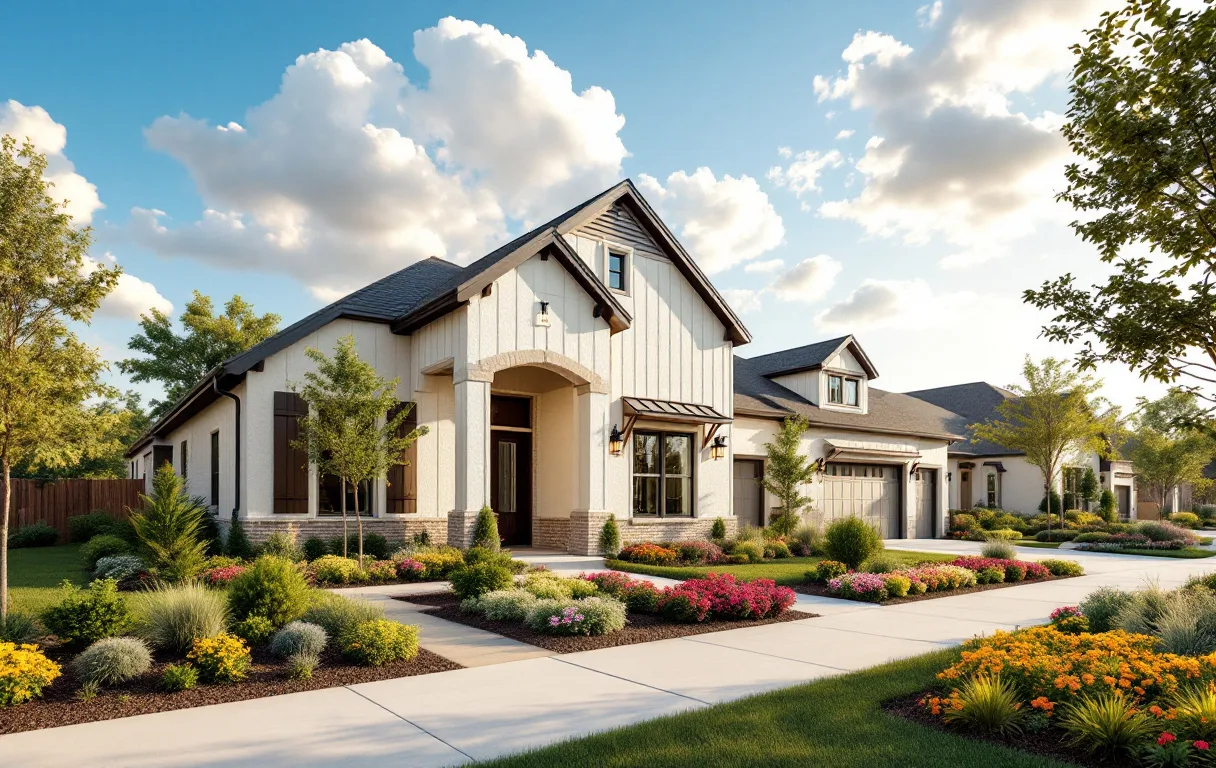 New single- and two-story homes close together on modest lots, sidewalk and young street trees, open green space behind