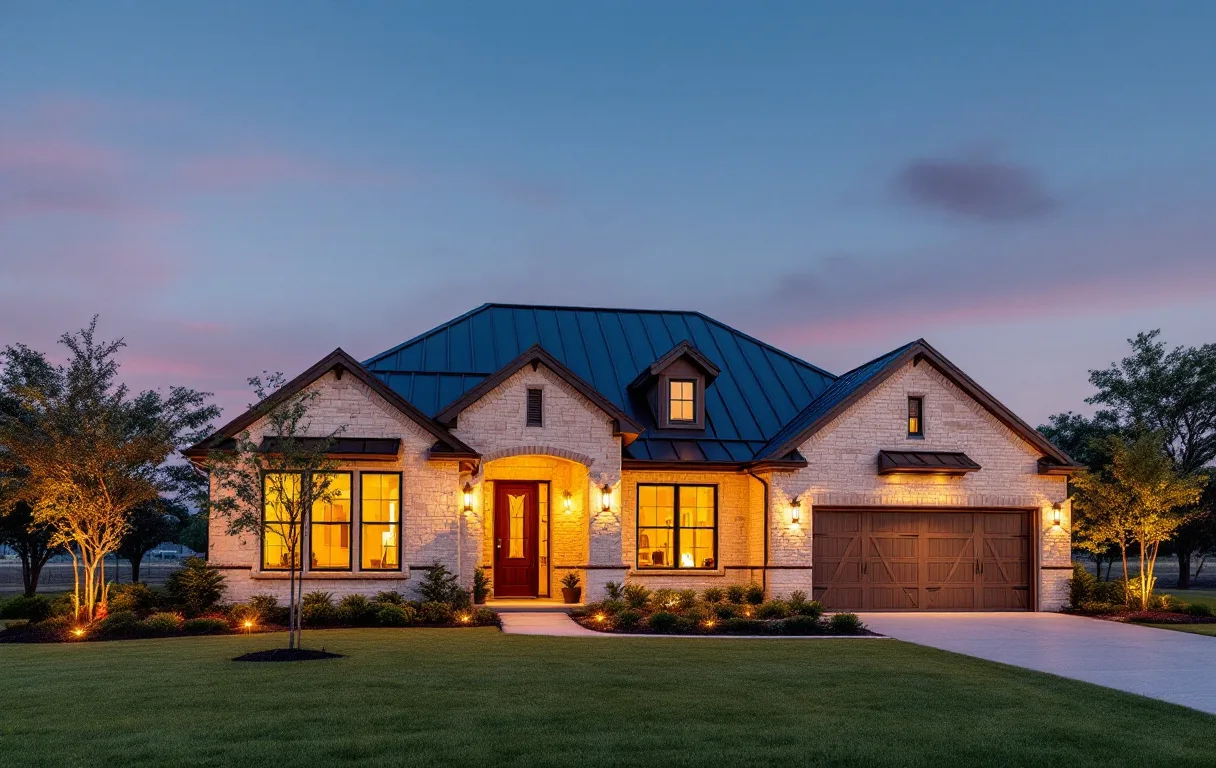 Modern ranch-style custom home on acreage beside a manicured golf fairway framed by live oaks