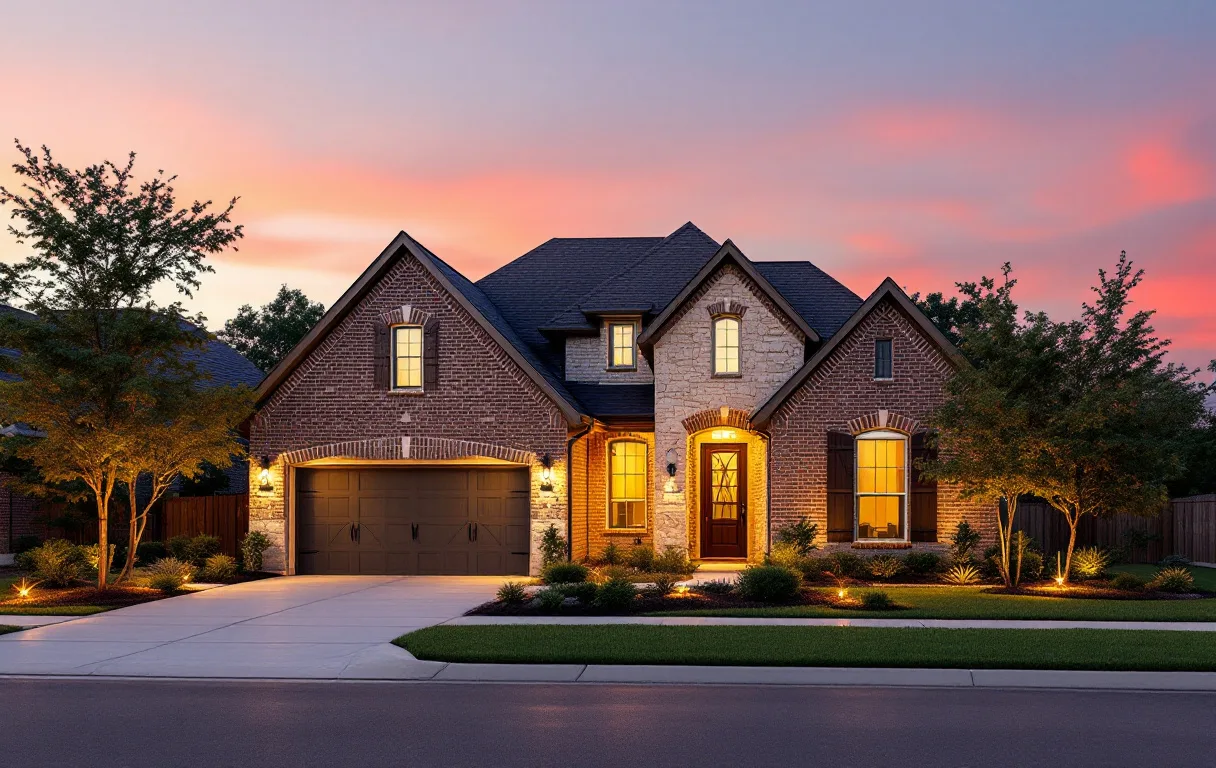 Modern new homes close together on compact lots with sidewalks, young trees, and a park beyond