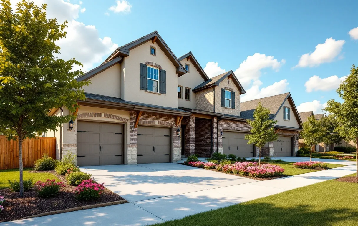 New townhomes and compact single-family homes close together on a prairie street with young trees
