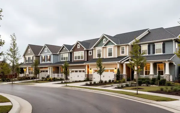 New homes with front porches close together on compact lots, sidewalks and young street trees