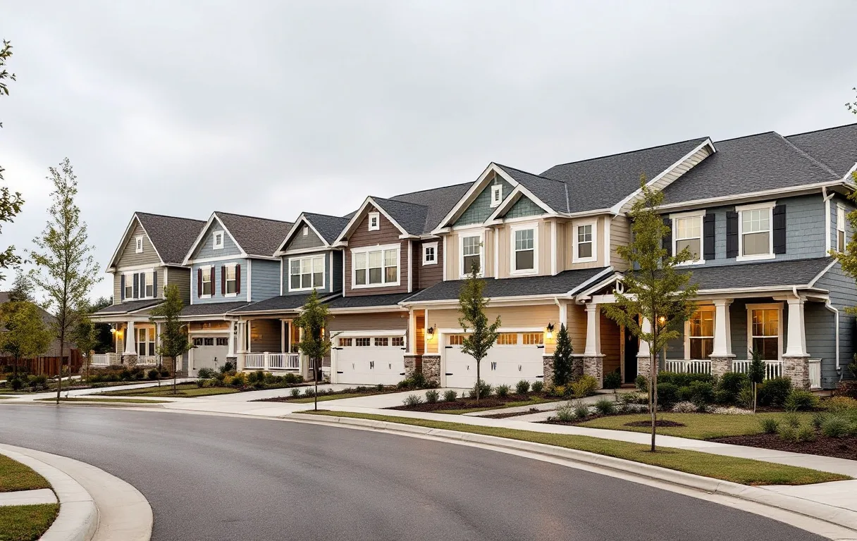 New homes with front porches close together on compact lots, sidewalks and young street trees