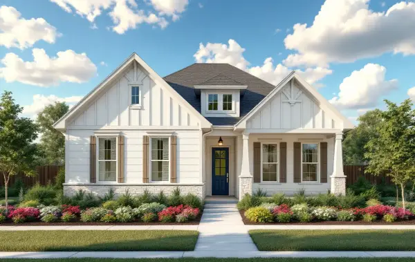 Compact new homes on small lots along a sidewalk street with young trees and an elementary school beyond