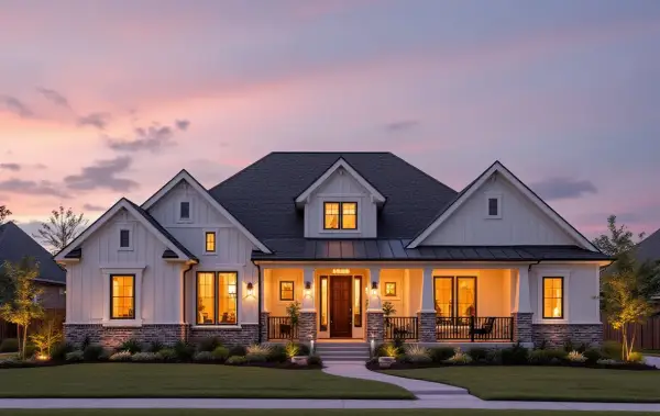 Curving street of new two-story homes on suburban Hill Country lots with young oaks and sidewalks