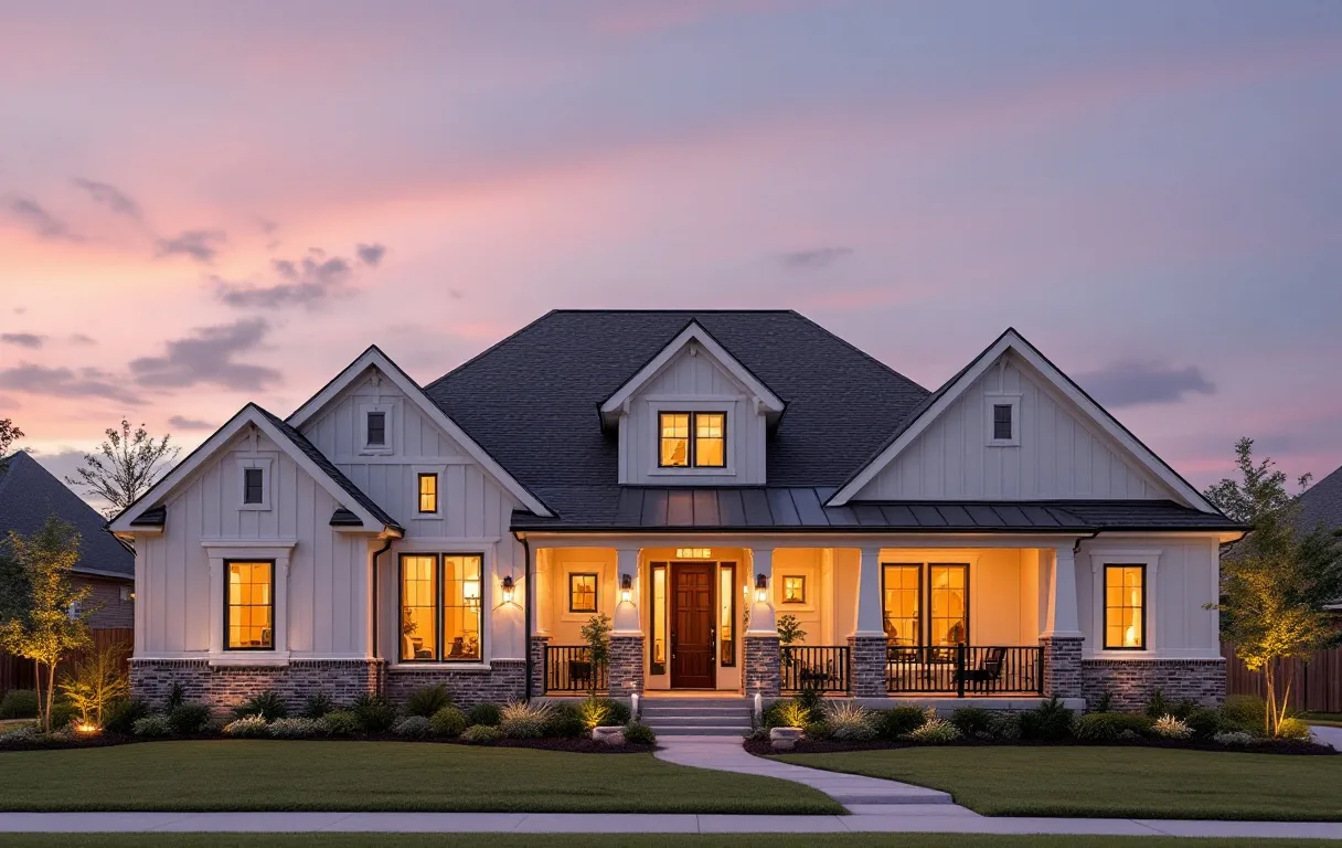 Curving street of new two-story homes on suburban Hill Country lots with young oaks and sidewalks