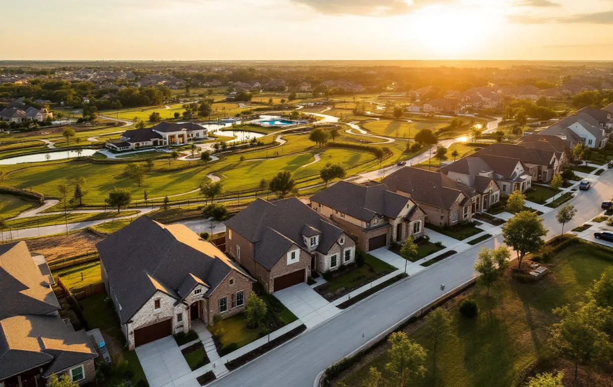 Single-story homes on tidy modest lots along a golf course community street, young live oaks and limestone accents