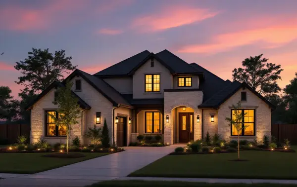 New homes on suburban lots with young trees, hill country ridge and open parkland in the background