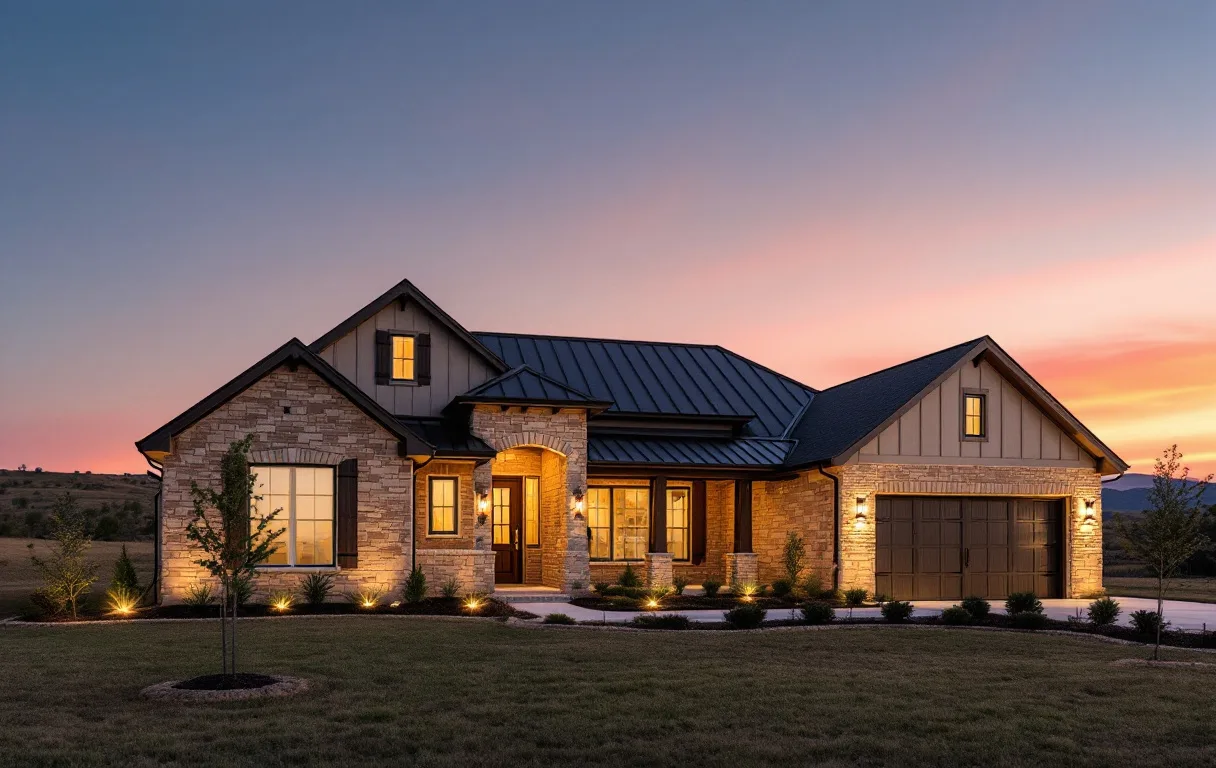Contemporary custom home on a wooded canyon lot with hill country views at dusk