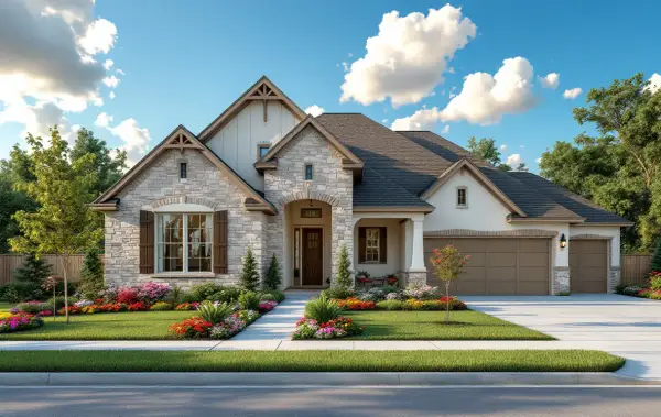 Street of new production homes on modest lots with young trees, sidewalks, and open Texas sky