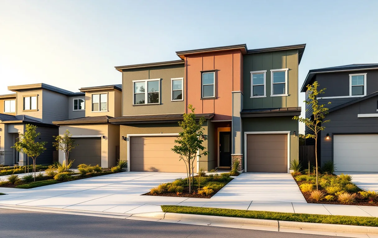 Row homes and yard homes on compact urban lots with front porches, mature street trees, Austin skyline distant