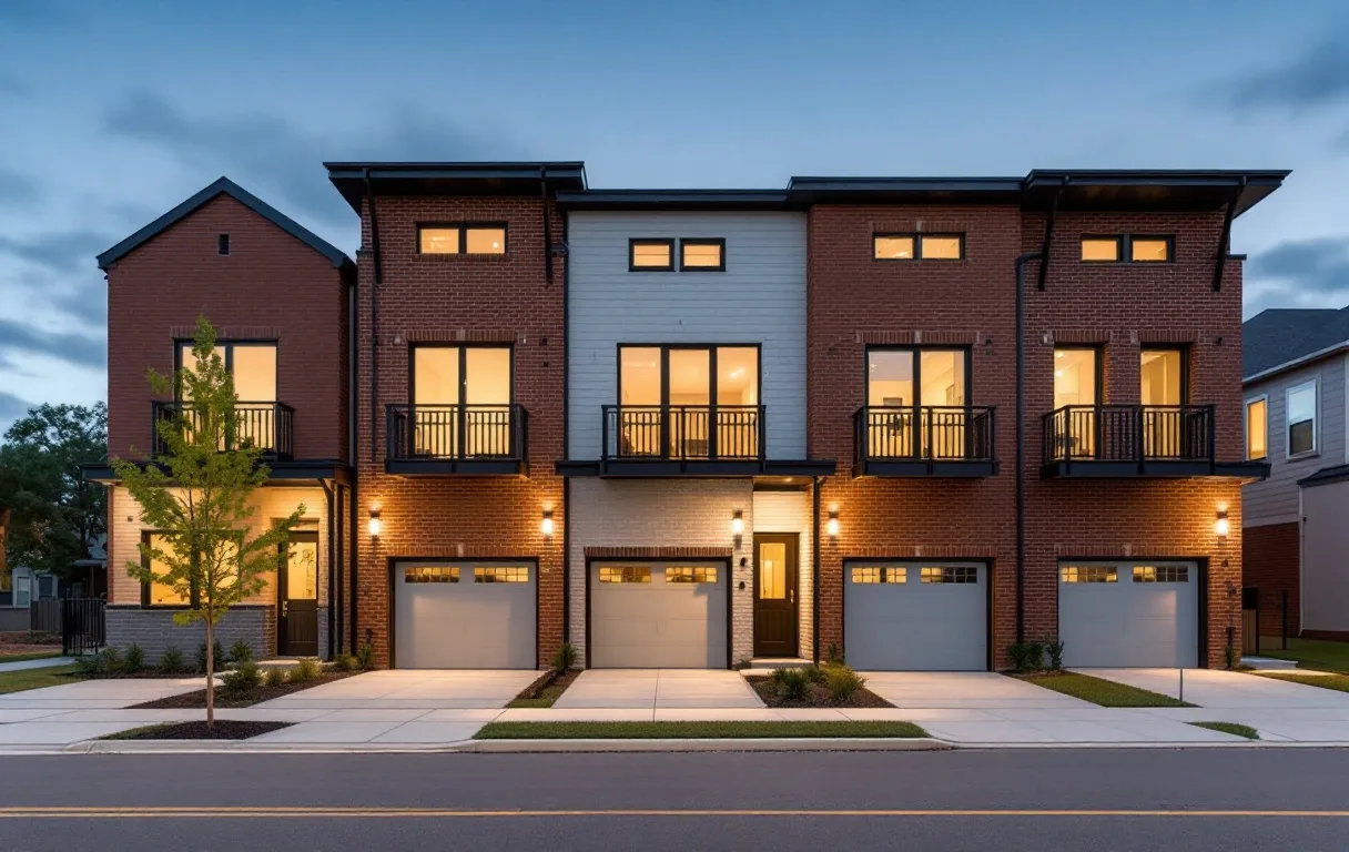 Four-story brick rowhomes fronting a new urban street with wide sidewalks and young street trees