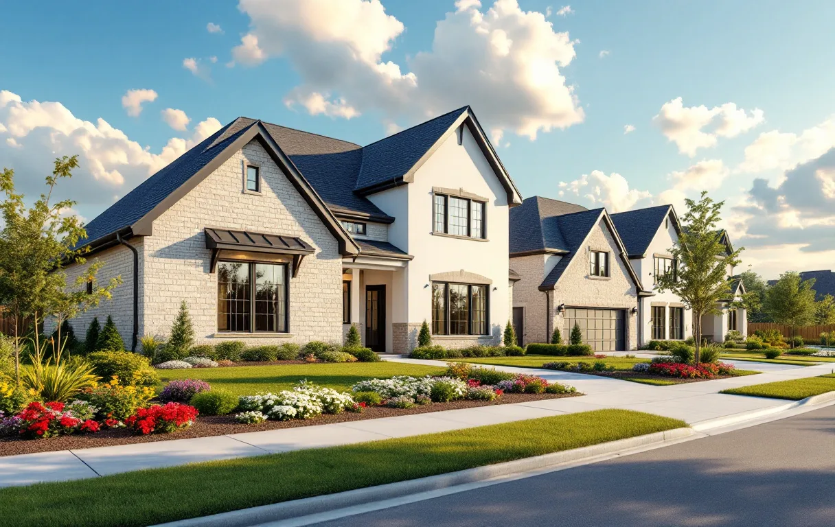 Modern farmhouse-style production homes on modest lots along a sidewalk street with community garden beds nearby