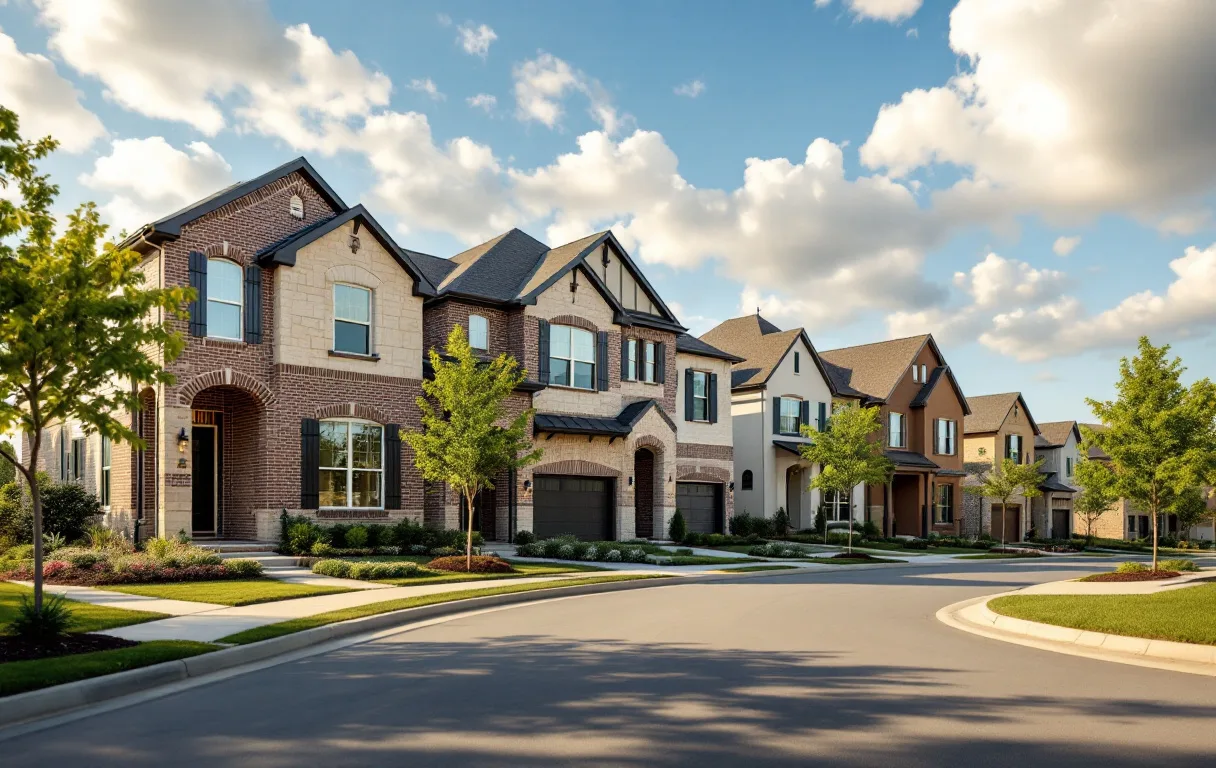 New suburban homes on modest lots along a straight sidewalk street with young trees and a community pond