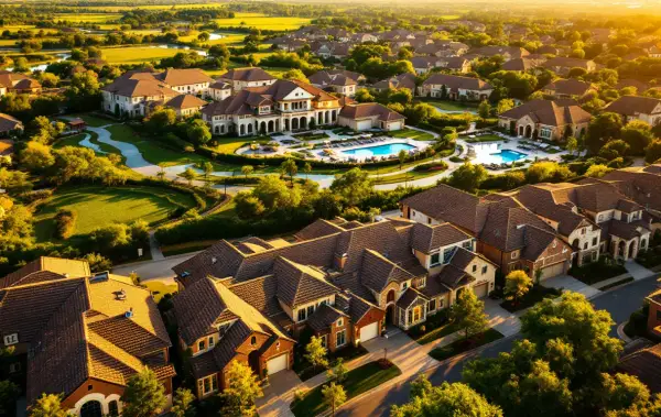 New two-story homes on suburban lots along a street sloping toward a wooded river greenbelt