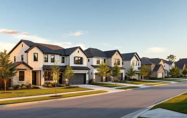 New production homes close together on modest lots along a straight east-side street, young trees