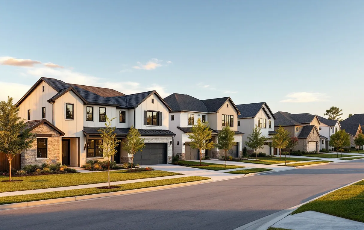 New production homes close together on modest lots along a straight east-side street, young trees