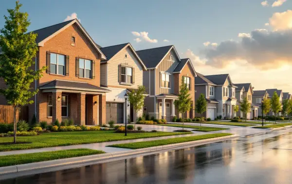 Front-porch homes with picket details on narrow lots along a tree-lined street, mature trees in the older sections
