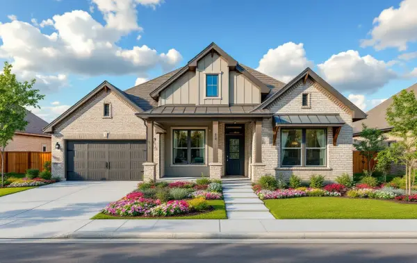 New homes with stone and stucco elevations on suburban Hill Country lots, young trees along fresh sidewalks