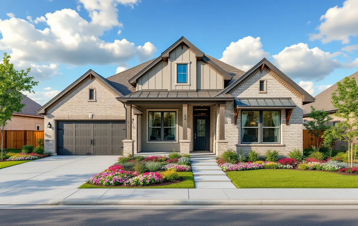 New homes with stone and stucco elevations on suburban Hill Country lots, young trees along fresh sidewalks