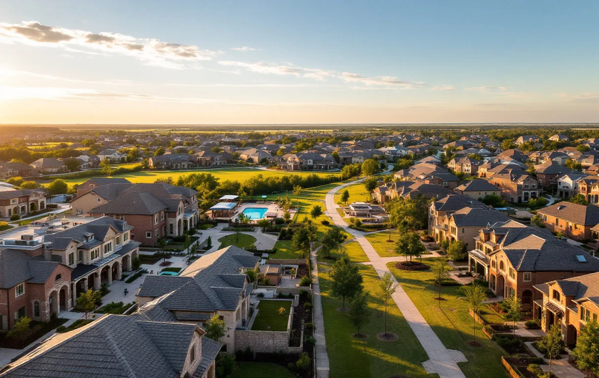 Rolling street of new production homes on modest lots with a hilltop water slide tower in the distance
