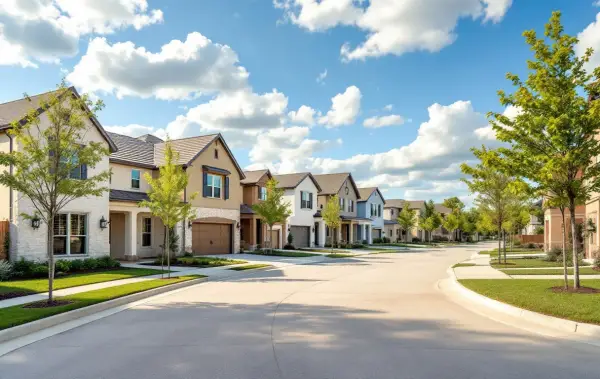 New homes on modest lots near a golf course fairway, young trees and sidewalks