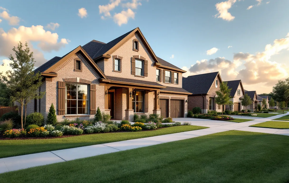 Established new-construction street with maturing trees, sidewalks, and homes on modest lots