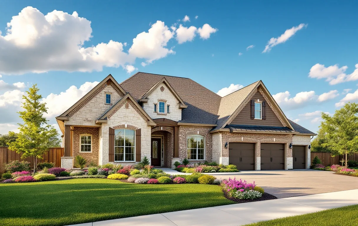 New single- and two-story homes close together on modest lots along a flat prairie street, young trees