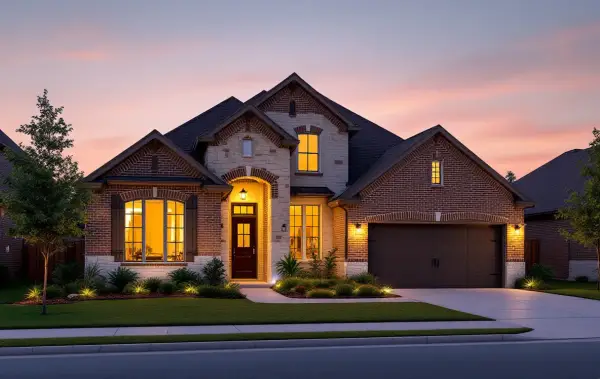 Established street of one- and two-story homes on modest lots with maturing trees near a golf course