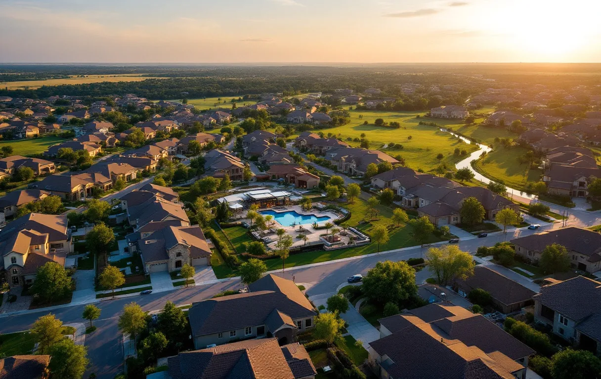 Single-story homes on tidy suburban lots along a golf course edge, mature landscaping and wide sidewalks