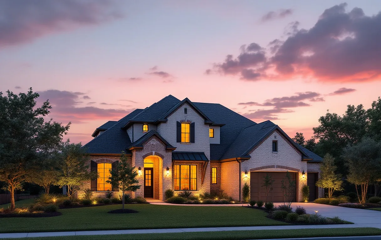 New production homes close together on modest lots along a sidewalk street in Buda, young trees out front