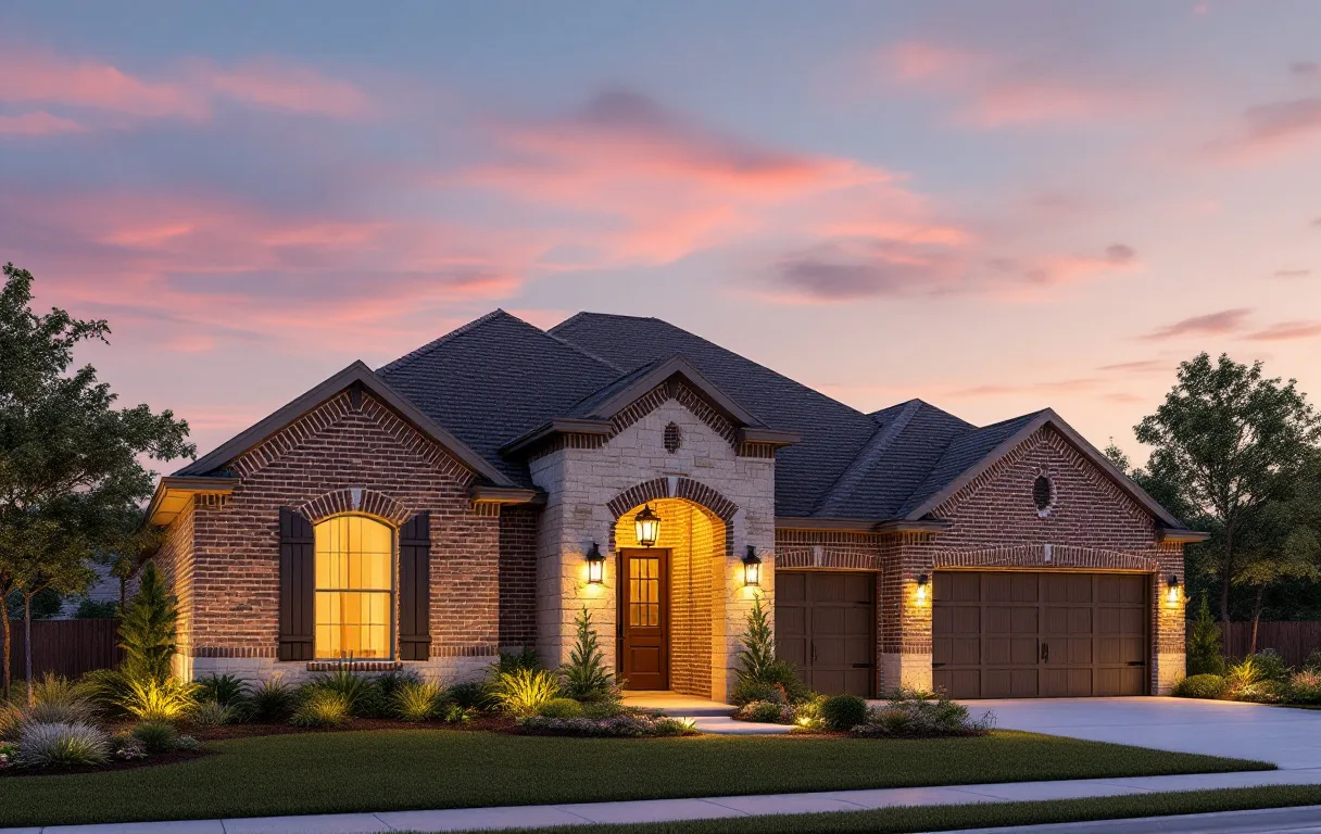 New production homes on modest hillside lots near Lake Travis, young trees and sidewalks