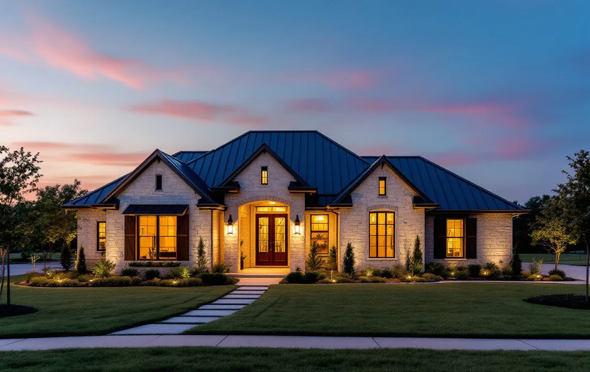 Custom limestone home on a wooded one-acre lot with hill country terrain behind it