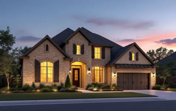 New homes on modest wooded lots among pines with sidewalks and young landscaping