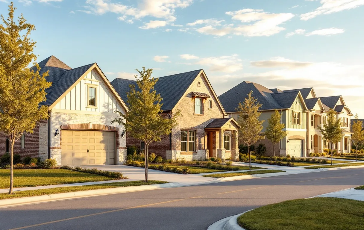 New starter homes close together on small lots with young trees and fresh sidewalks