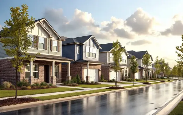 Entry-priced new homes close together on small lots, young trees and sidewalks, interstate corridor in the distance